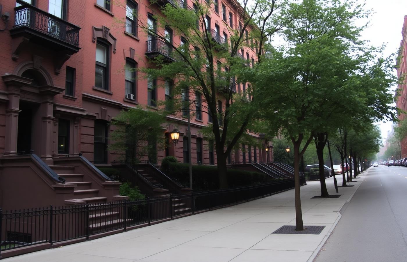 Tree-lined street of brownstones in Kips Bay, New York